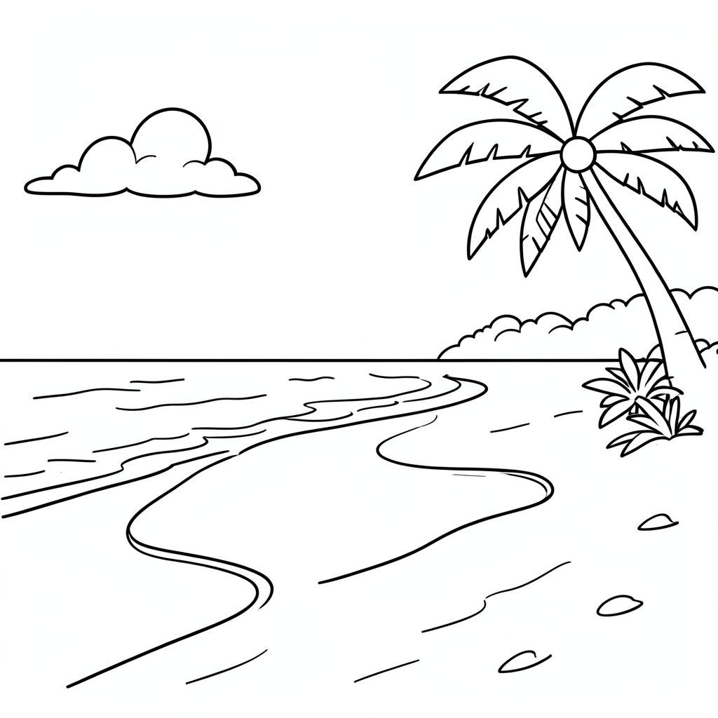 Create me a coloring picture of a beautiful beach view for my kids coloring book 