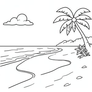 Create me a coloring picture of a beautiful beach view for my kids coloring book 
