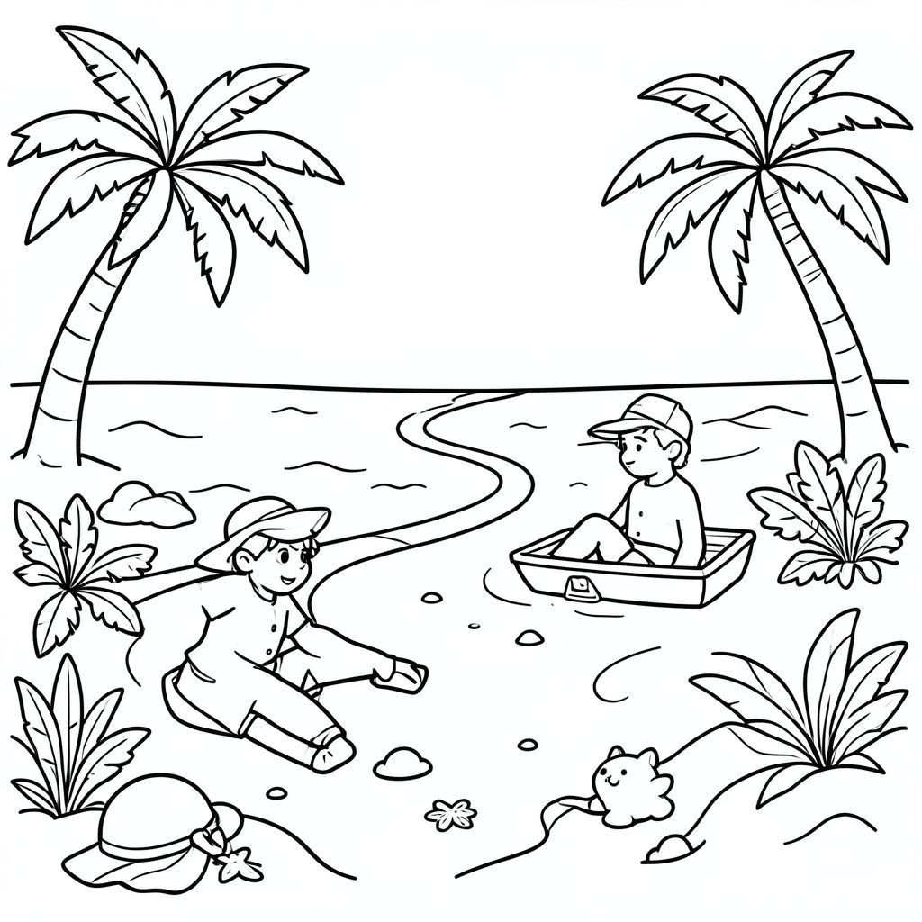 Create me a coloring picture of adventures on the beach for kids color book