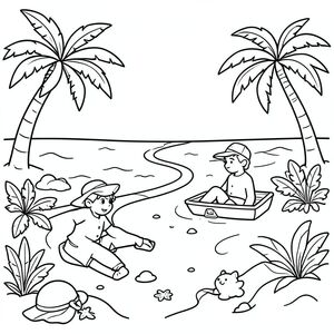 Create me a coloring picture of adventures on the beach for kids color book