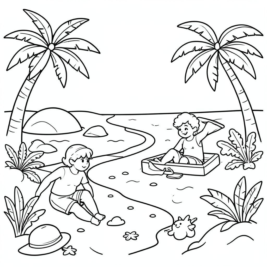  Create me a coloring picture of adventures on the beach for kids color book