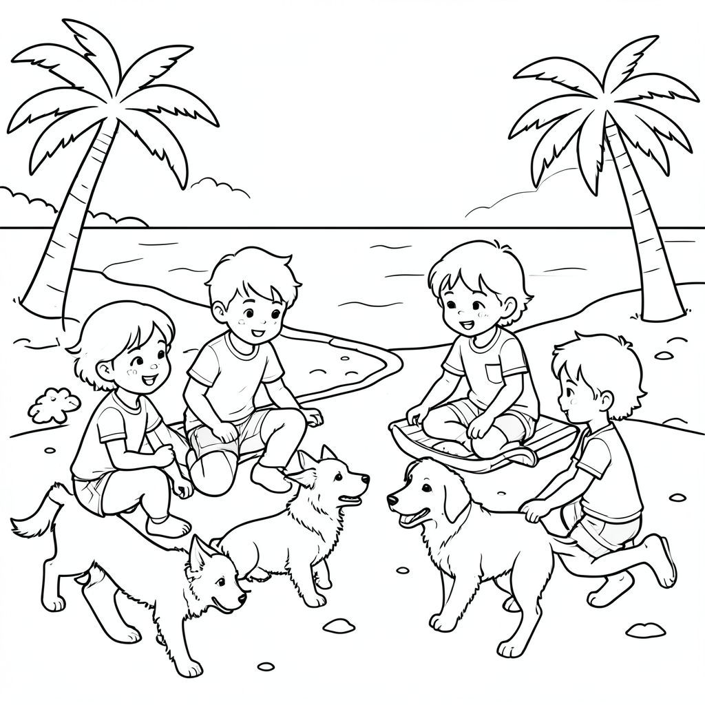 Create me a coloring picture of kids playing on beach with dogs