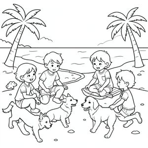 Create me a coloring picture of kids playing on beach with dogs