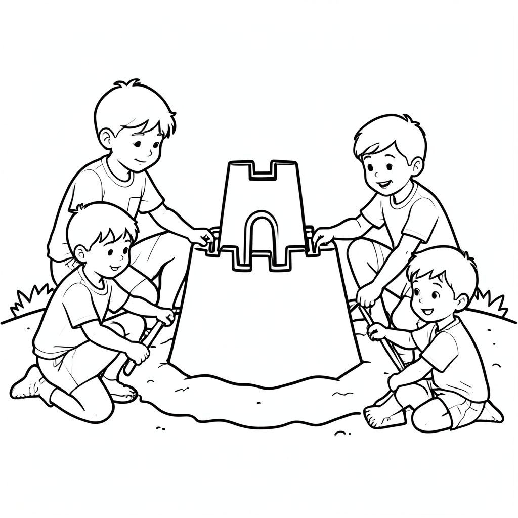 Create me a coloring picture of kids building sandcastle
