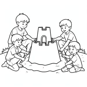 Create me a coloring picture of kids building sandcastle
