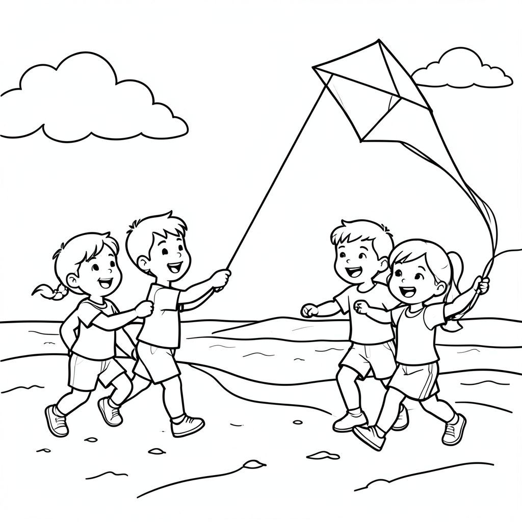 Create me a coloring picture of kids flying a kite on the beach
