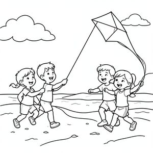 Create me a coloring picture of kids flying a kite on the beach