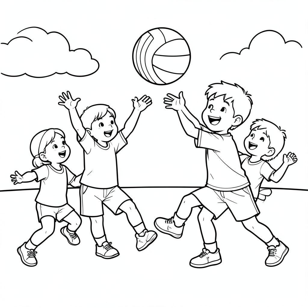Create me a coloring picture of kids playing volleyball and having fun on the besch