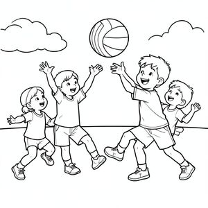 Create me a coloring picture of kids playing volleyball and having fun on the besch
