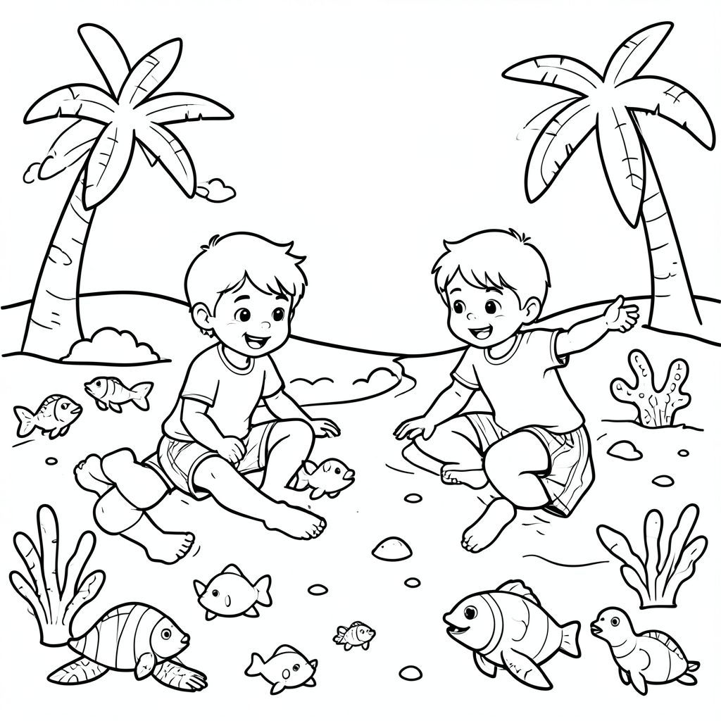Kids playing on the beach coloring pages more detail add sea animals