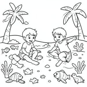 Kids playing on the beach coloring pages more detail add sea animals