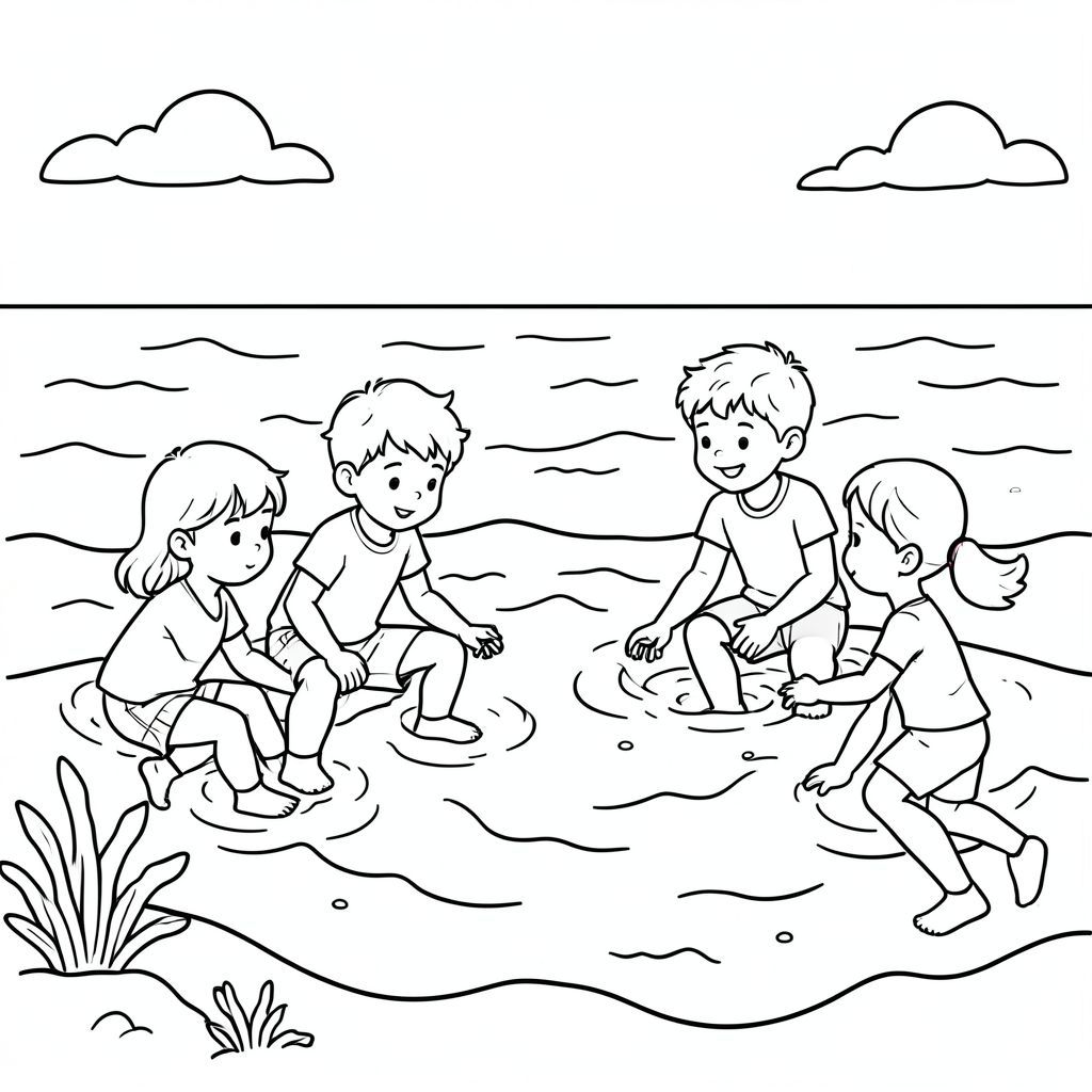 Create me coloring picture of kids playing in the sea