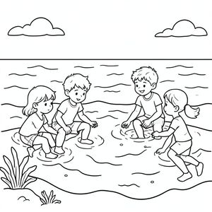 Create me coloring picture of kids playing in the sea