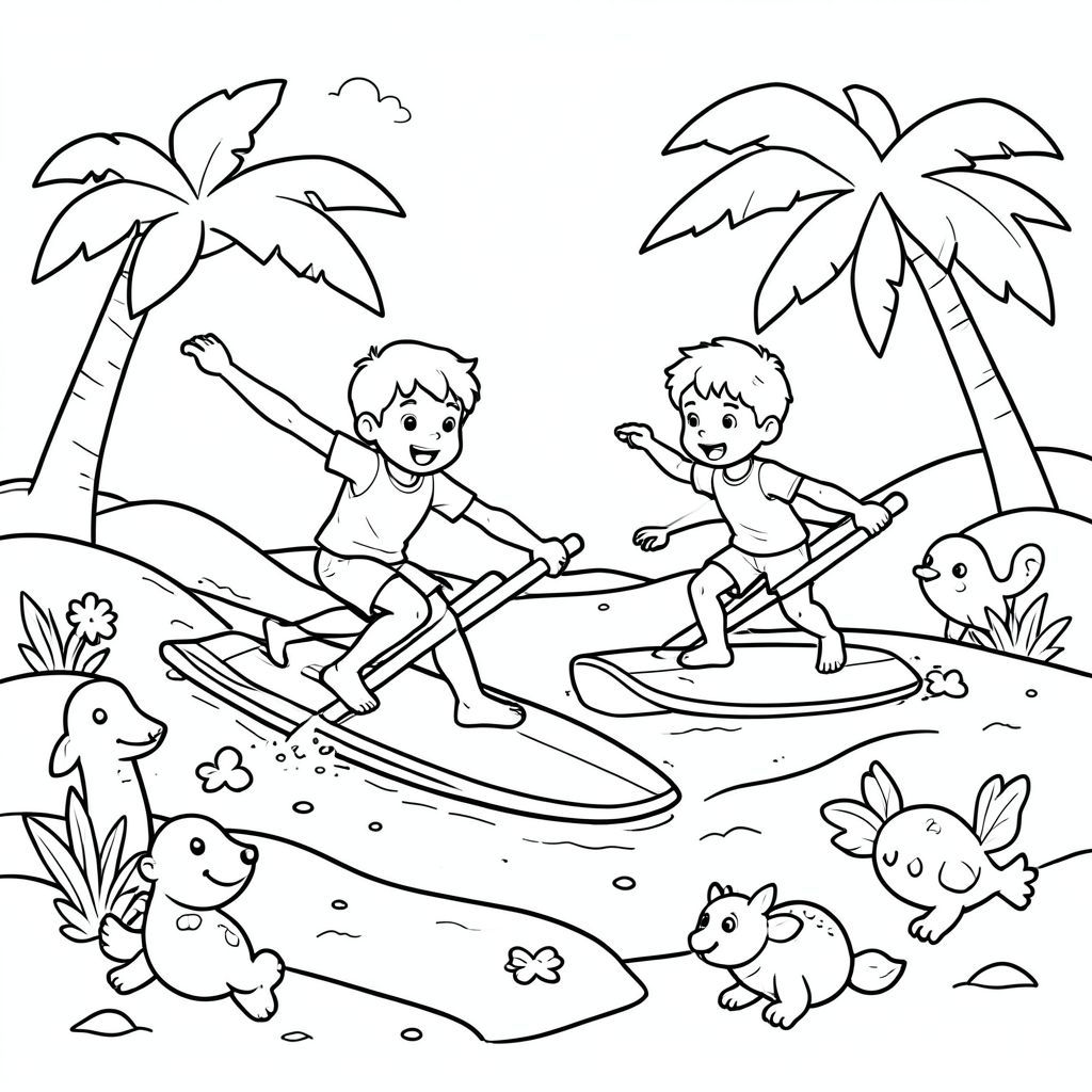 Create me a picture of kids surfing show details see sand and animals