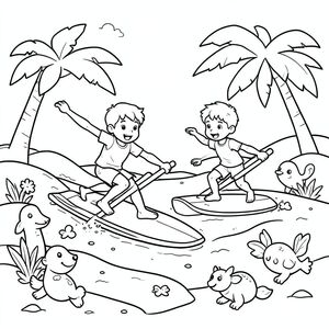 Create me a picture of kids surfing show details see sand and animals