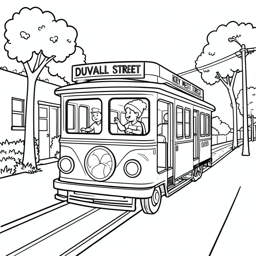 The key west trolley driving down Duvall street
