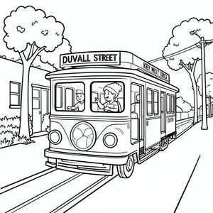 The key west trolley driving down Duvall street
