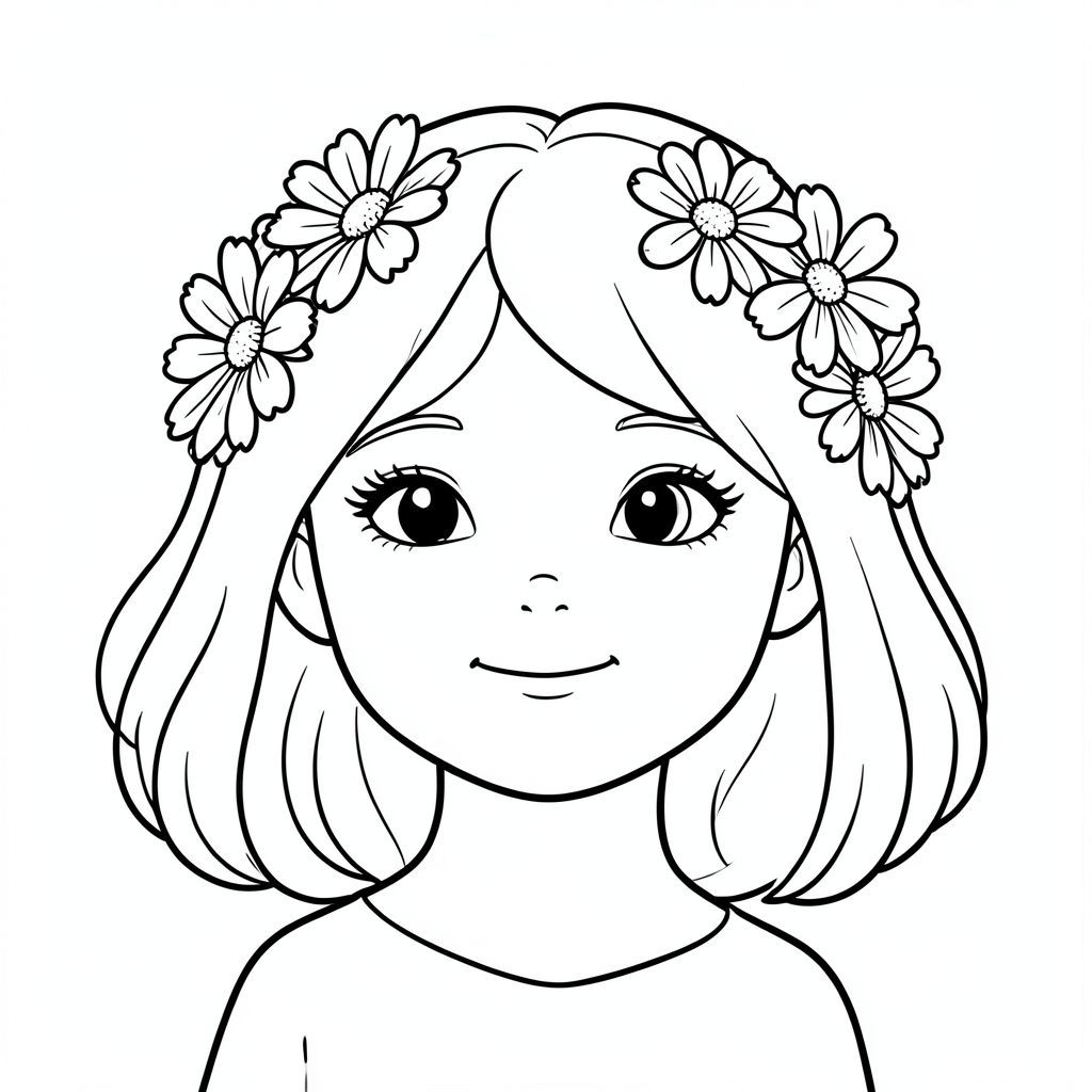 a girl face with  margarets in  hair
