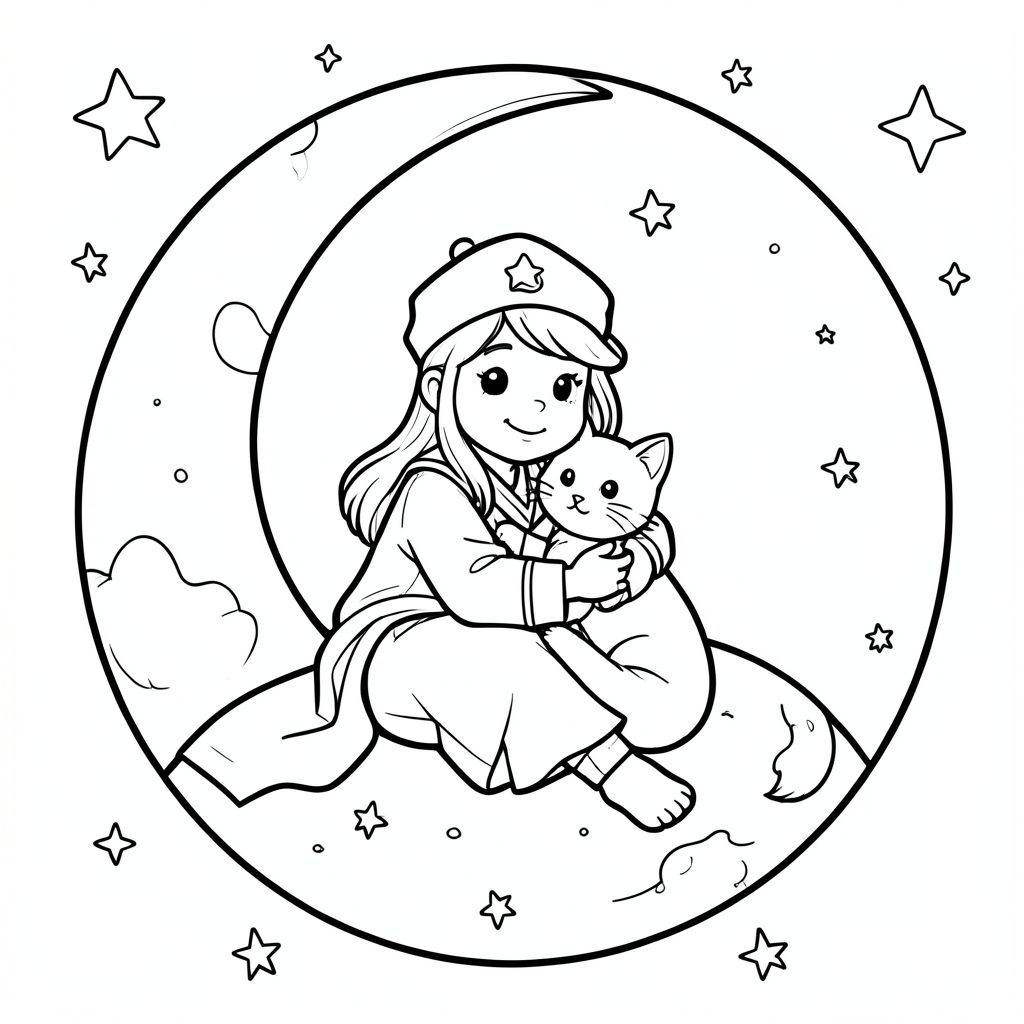 Give me a picture of the sailor moon holding a cat sitting on the moon and the sky around the stars