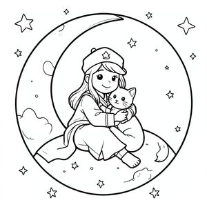 Give me a picture of the sailor moon holding a cat sitting on the moon and the sky around the stars