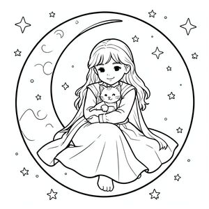 Give me a picture of a sailor moon in a long-legged skirt holding a cat sitting on the moon and the sky around it covered with stars. 