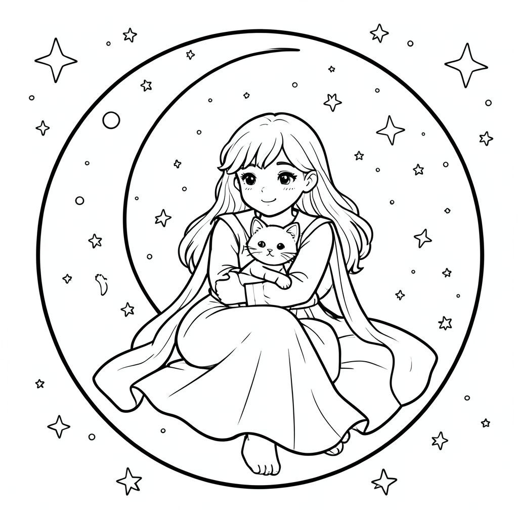 Give me a picture of a long-legged sailor in a long-legged skirt holding a cat sitting on the moon and the surrounding sky covered with detailed stars

