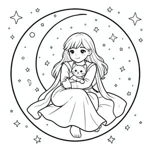 Give me a picture of a long-legged sailor in a long-legged skirt holding a cat sitting on the moon and the surrounding sky covered with detailed stars
