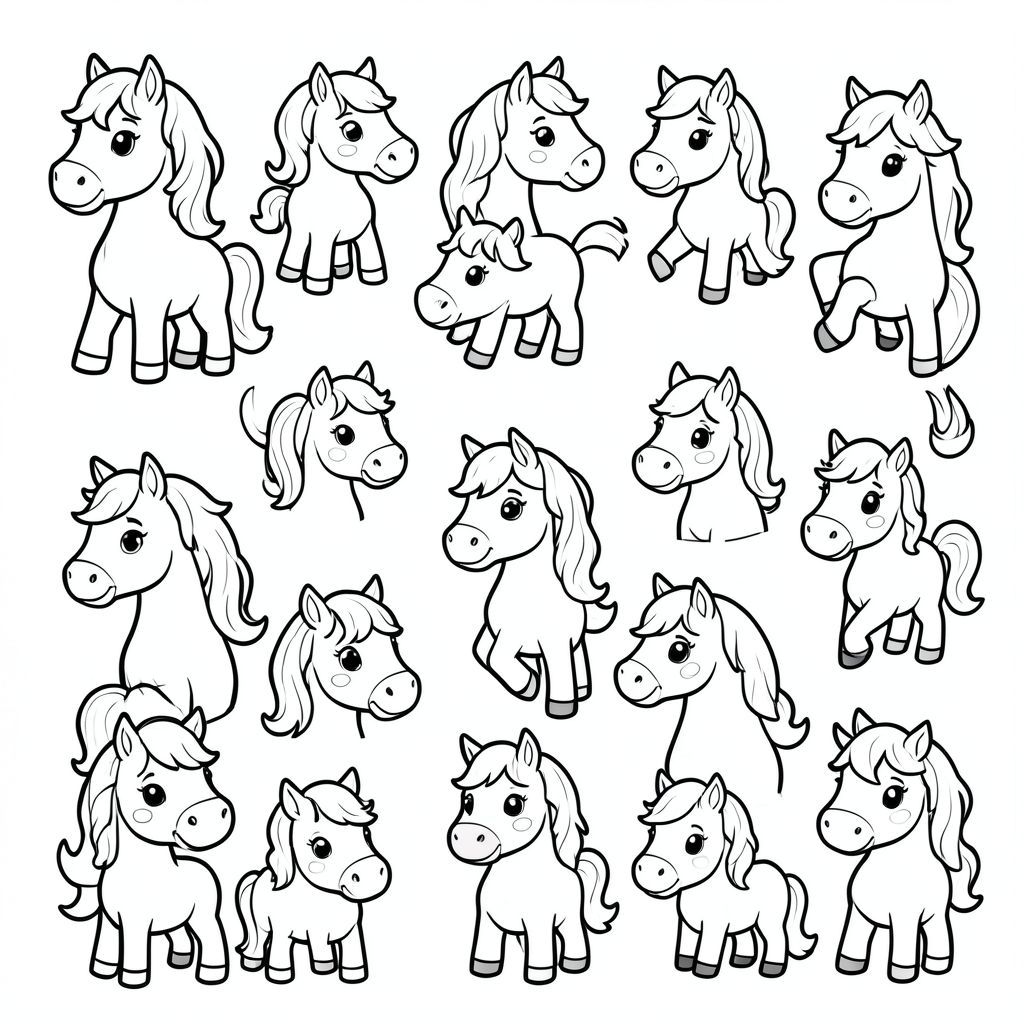 Make me a sticker with pictures of many adorable chibi horses
