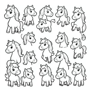 Make me a sticker with pictures of many adorable chibi horses
