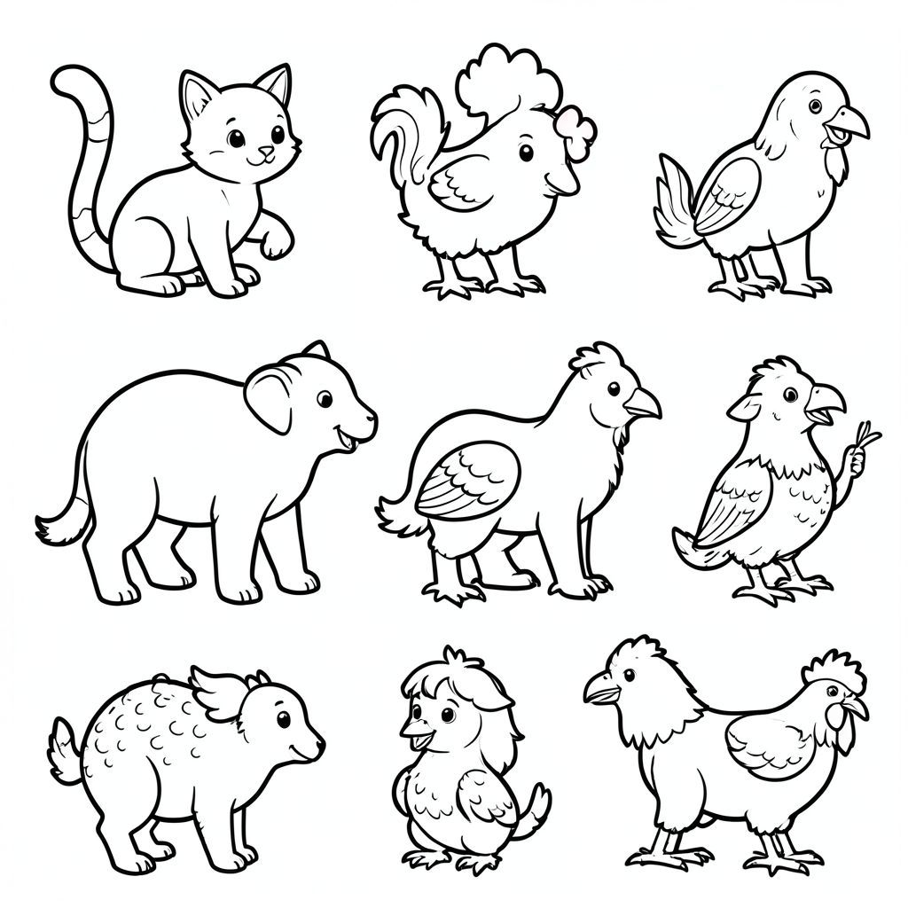 10 coloring pages for kids:
cat
rabbit
cow
elephant
fish
bird
turtle
goat
horse
chicken
black and white outline, thick line, A4