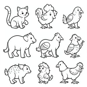 10 coloring pages for kids:
cat
rabbit
cow
elephant
fish
bird
turtle
goat
horse
chicken
black and white outline, thick line, A4