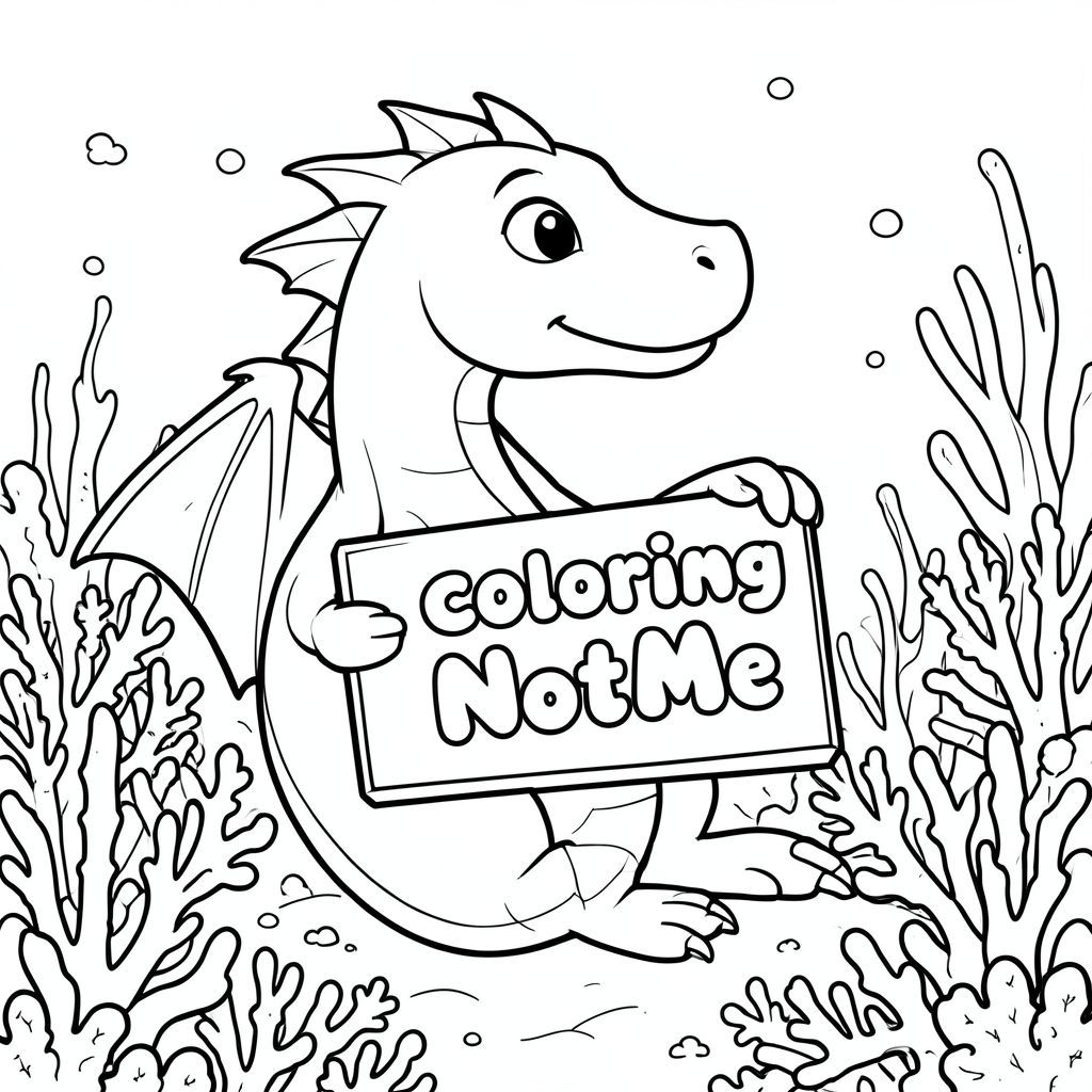 A profile view of a friendly dragon, holding a sign with "ColoringNotMe" written in white bubble letters, in profile, in a underwater coral reef kingdom, surrealist style