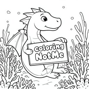 A profile view of a friendly dragon, holding a sign with "ColoringNotMe" written in white bubble letters, in profile, in a underwater coral reef kingdom, surrealist style