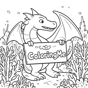 A profile view of a not friendly dragon, holding a sign with "ColoringMe" written in white bubble letters, in profile, in a underwater coral reef kingdom, surrealist style