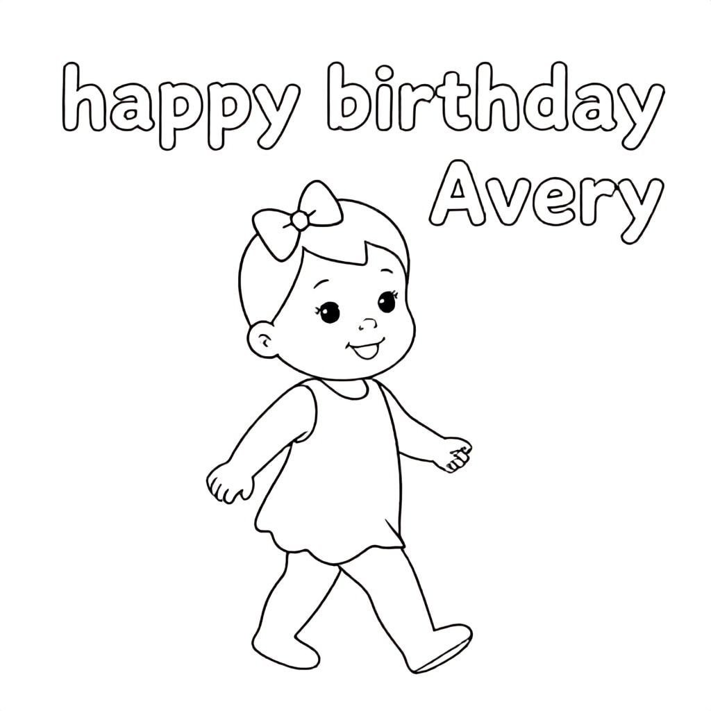 A baby girl with a bow in her hair , smiling and walking, bubble letters reading “happy birthday Avery”