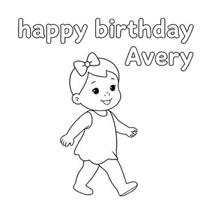 A baby girl with a bow in her hair , smiling and walking, bubble letters reading “happy birthday Avery”