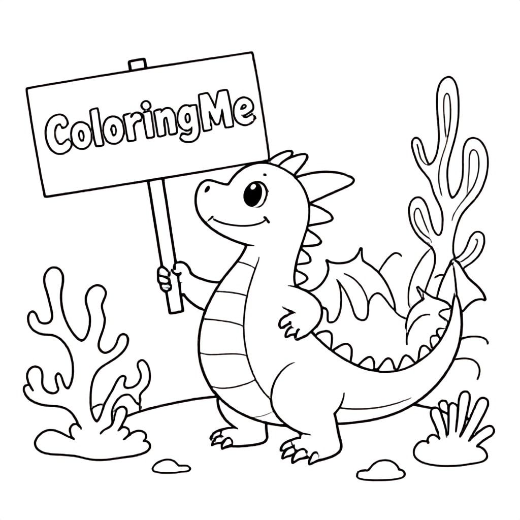 A profile view of a friendly dragon, holding a sign with "ColoringMe" written in white bubble letters, in profile, in a underwater coral reef kingdom, surrealist style