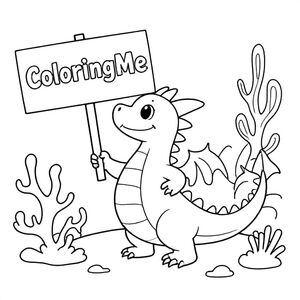 A profile view of a friendly dragon, holding a sign with "ColoringMe" written in white bubble letters, in profile, in a underwater coral reef kingdom, surrealist style