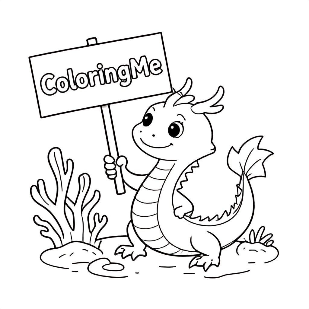 An overview of a friendly dragon, holding a sign with "ColoringMe" written in white letters in an underwater coral lake, surreal style