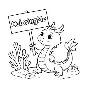 An overview of a friendly dragon, holding a sign with "ColoringMe" written in white letters in an underwater coral lake, surreal style