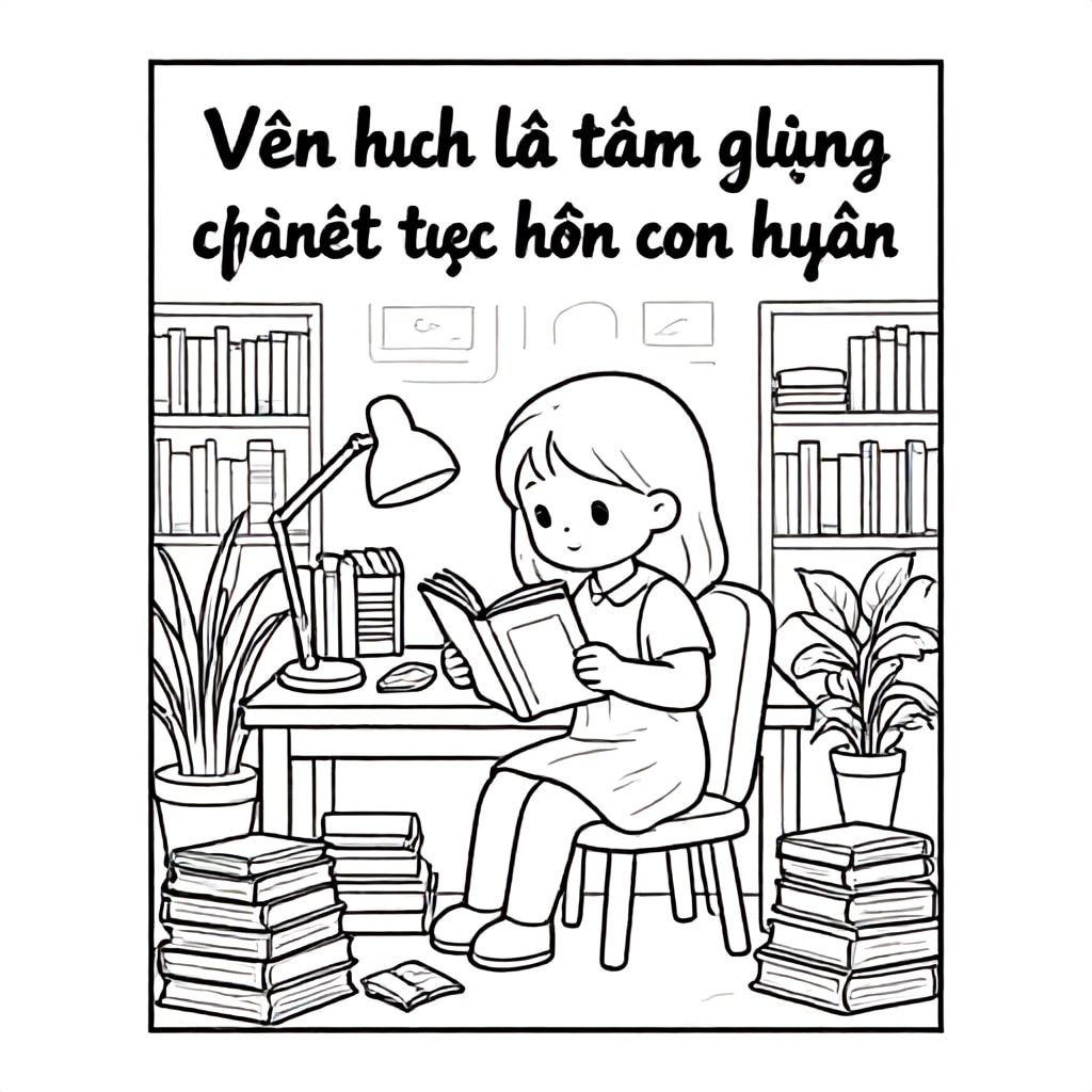 A highly detailed line art coloring page of a cozy scene: a young girl sitting at a desk reading a book in a warm study room, surrounded by stacks of books, plants, a desk lamp, notebook and pen, intricate background details, calligraphy text on top: "Văn học là tấm gương phản chiếu tâm hồn con người",  black and white printable coloring page, chill and aesthetic, adult coloring book level