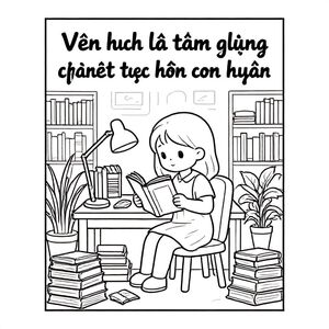 A highly detailed line art coloring page of a cozy scene: a young girl sitting at a desk reading a book in a warm study room, surrounded by stacks of books, plants, a desk lamp, notebook and pen, intricate background details, calligraphy text on top: "Văn học là tấm gương phản chiếu tâm hồn con người",  black and white printable coloring page, chill and aesthetic, adult coloring book level