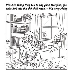 Ultra detailed line art coloring page, anime-style young girl sitting at a cozy desk reading a book, surrounded by bookshelves filled with books, plants, fairy lights, window with sunlight, notebook, pens, coffee cup on desk, cute cat sleeping nearby, intricate line art patterns on desk, shelves, and floor, calligraphy text at top: "Văn học không chỉ làm ta hiểu được thế giới,  mà còn giúp ta hiểu được chính mình. – Vũ Trọng Phụng", black and white, highly detailed, adult coloring page, aesthetic and relaxing vibe, perfect for printing and coloring