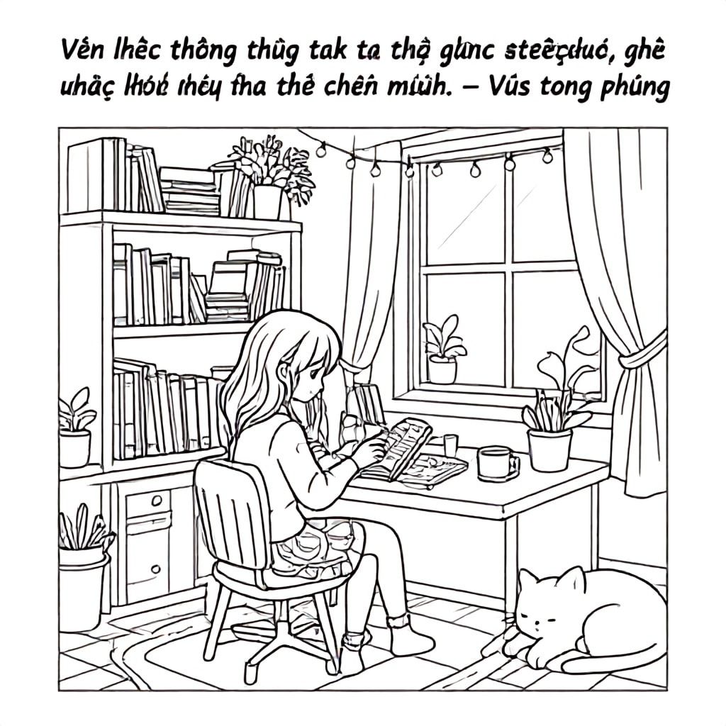 Ultra detailed line art coloring page, anime-style young girl sitting at a cozy desk reading a book, surrounded by bookshelves filled with books, plants, fairy lights, window with sunlight, notebook, pens, coffee cup on desk, cute cat sleeping nearby, intricate line art patterns on desk, shelves, and floor, calligraphy text at top: "Văn học không chỉ làm ta hiểu được thế giới,  mà còn giúp ta hiểu được chính mình. – Vũ Trọng Phụng", black and white, highly detailed, adult coloring page, aesthetic and relaxing vibe, perfect for printing and coloring