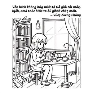 Extremely detailed line art coloring page, anime-style young girl sitting at a cozy desk reading, surrounded by bookshelves filled with books, trees, fairy lamps, windows with sunlight, notebooks, pens, coffee cups on the table, cute cat sleeping nearby,  intricate line art patterns on tables, shelves and floors, calligraphy inscriptions at the top: "Literature not only makes us understand the world, but also helps us understand ourselves. – Vu Trong Phung", black and white, highly detailed, coloring pages for adults, aesthetic and relaxing feel, perfect for printing and coloring
 Words must be beautiful DO NOT MISSPELL VIETNAMESE WORDS