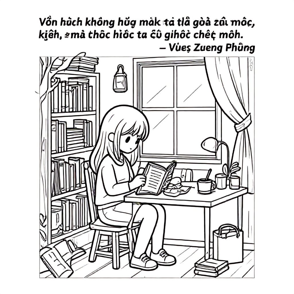 Extremely detailed line art coloring page, anime-style young girl sitting at a cozy desk reading, surrounded by bookshelves filled with books, trees, fairy lamps, windows with sunlight, notebooks, pens, coffee cups on the table, cute cat sleeping nearby,  intricate line art patterns on tables, shelves and floors, calligraphy inscriptions at the top: "Literature not only makes us understand the world, but also helps us understand ourselves. – Vu Trong Phung", black and white, highly detailed, coloring pages for adults, aesthetic and relaxing feel, perfect for printing and coloring
 Words must be beautiful DO NOT MISSPELL VIETNAMESE WORDS