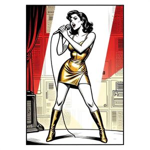 A provocative slim sexy fit pale skin dark hair woman performs on a vintage stage, gripping a microphone as she sings passionately. Soft spotlight glows over her expressive face, capturing timeless Parisian charm in motion. She wearing a gold low cut mini dress and same color over the knee boots. In Detailed vintage comic illustration style, black and white ink cross-hatching, engraved line art, forensic sketch aesthetic, graphic novel style, strong ink outline, realistic portrait shading, etching texture, newspaper print style, retro detective file layout, technical diagram background, red and cream color block composition, halftone texture, old paper grain, silkscreen style, symmetrical poster layout, cinematic portrait framing,  high detail, sharp lines, noir illustration, 8k, highly detailed ink drawing using white object background parts.