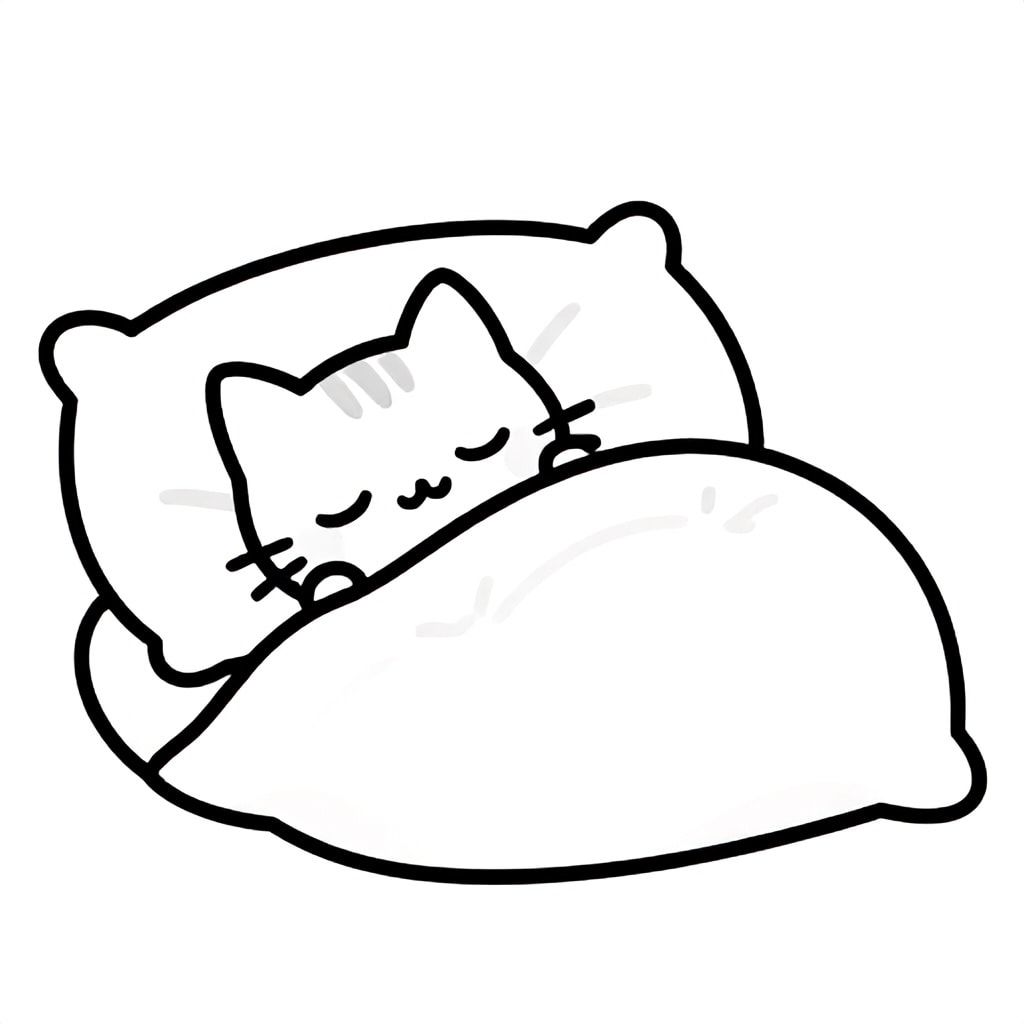adorable baby cat sleeping peacefully in a soft cozy bed with pillows and blanket, cute kawaii style, ultra clean simple outline, bold thick lines, black and white, no shading, minimal detail, centered composition, white background, perfect premium kids coloring book page