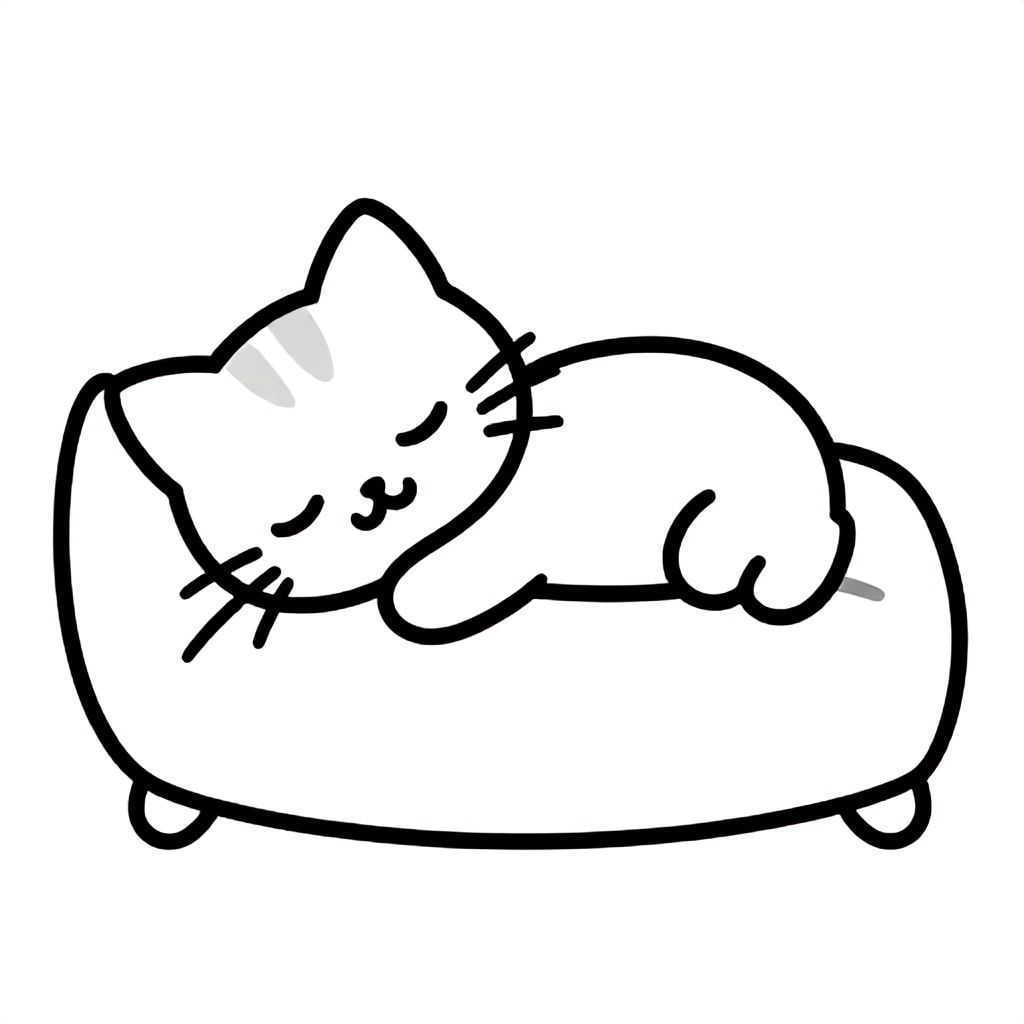 simple cute baby cat sleeping in a cozy bed, coloring book page, black and white line art only, very clean outline, extra bold thick lines, no colors, no text, no shading, minimal detail, white background, centered, kids coloring book style