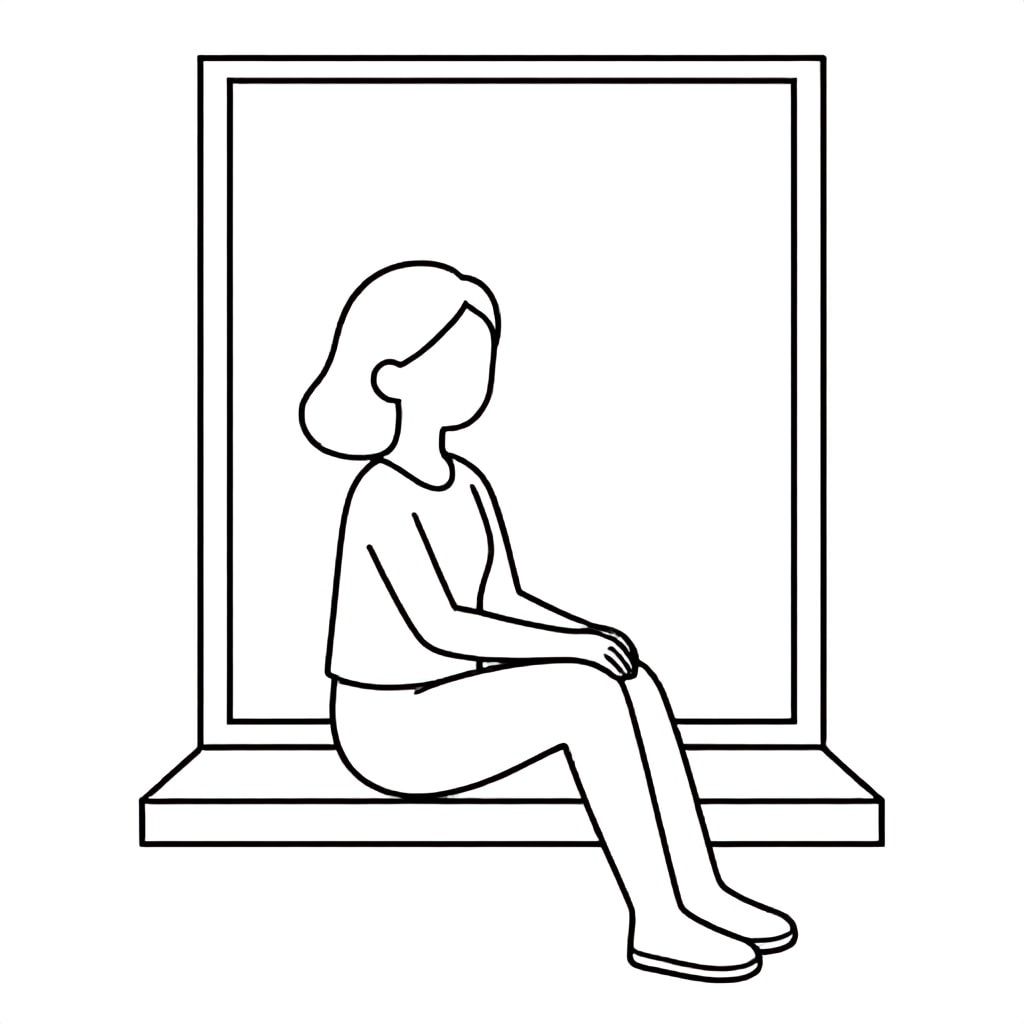 The woman is seated comfortably on a window bench or window sill. A large window frames the background.
